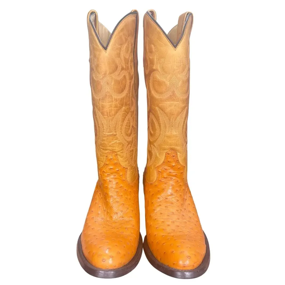 Soto Boots Ostrich Print Yellow Cognac Wide Cowboy Boots Size 10 EE